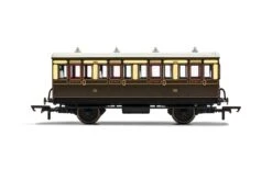 Hornby R40111 GWR 1st Class 4 Door 4 Wheel Gas Lamps + Step Boards 143-With Lights Coach, Brown