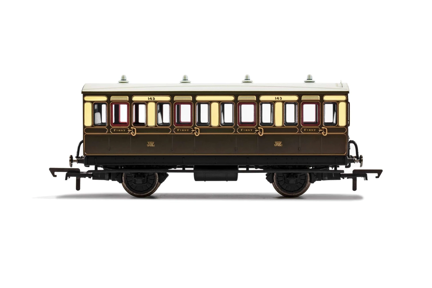 Hornby R40111 GWR 1st Class 4 Door 4 Wheel Gas Lamps + Step Boards 143-With Lights Coach, Brown 3 Hornby R40111 GWR 1st Class 4 Door 4 Wheel Gas Lamps + Step Boards 143-With Lights Coach, Brown